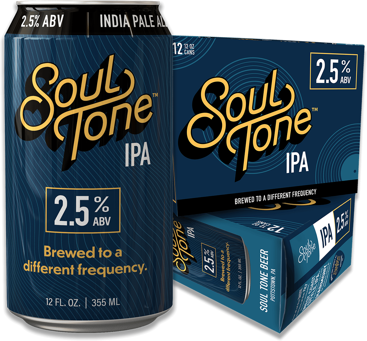 A can and a 6-pack box of Soul Tone IPA beer with a blue design, bold yellow logo, and text stating 2.5% ABV and Brewed to a different frequency.