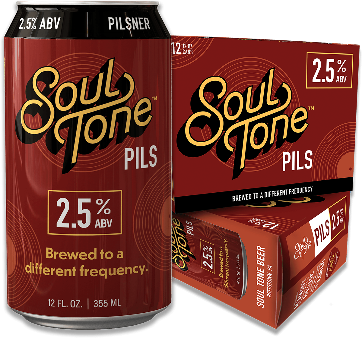 A 12 fl. oz. can and a 12-pack box of Soul Tone Pils beer, both labeled with 2.5% ABV and Brewed to a different frequency, in red and gold packaging with circular designs.